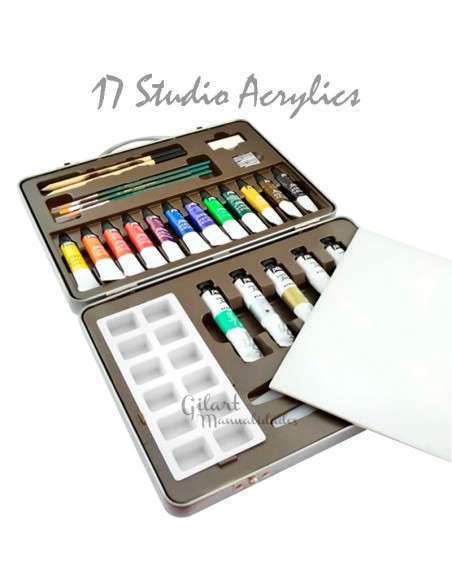 Maletín Pebeo Studio 17 Acrílicos Profesionales con Accesorios: Contenido completo del set abierto.