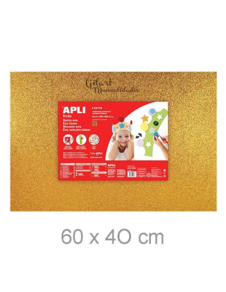 Goma Eva Purpurina Oro Apli ideal para crear coronas, decoración festiva y disfraces brillantes.