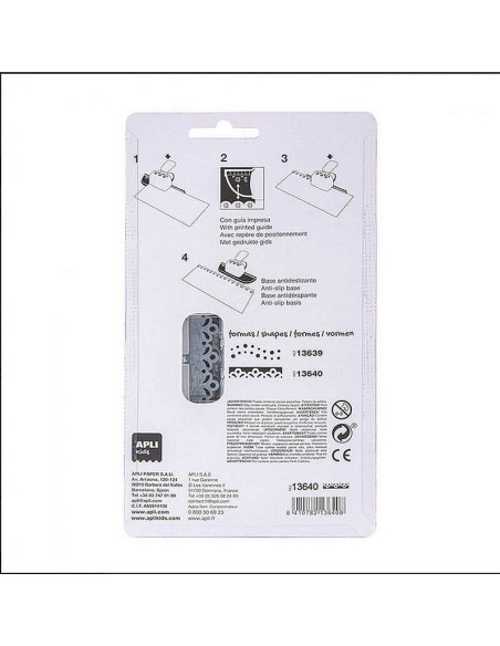 Instrucciones de uso claras y características clave de la perforadora Apli en el dorso.