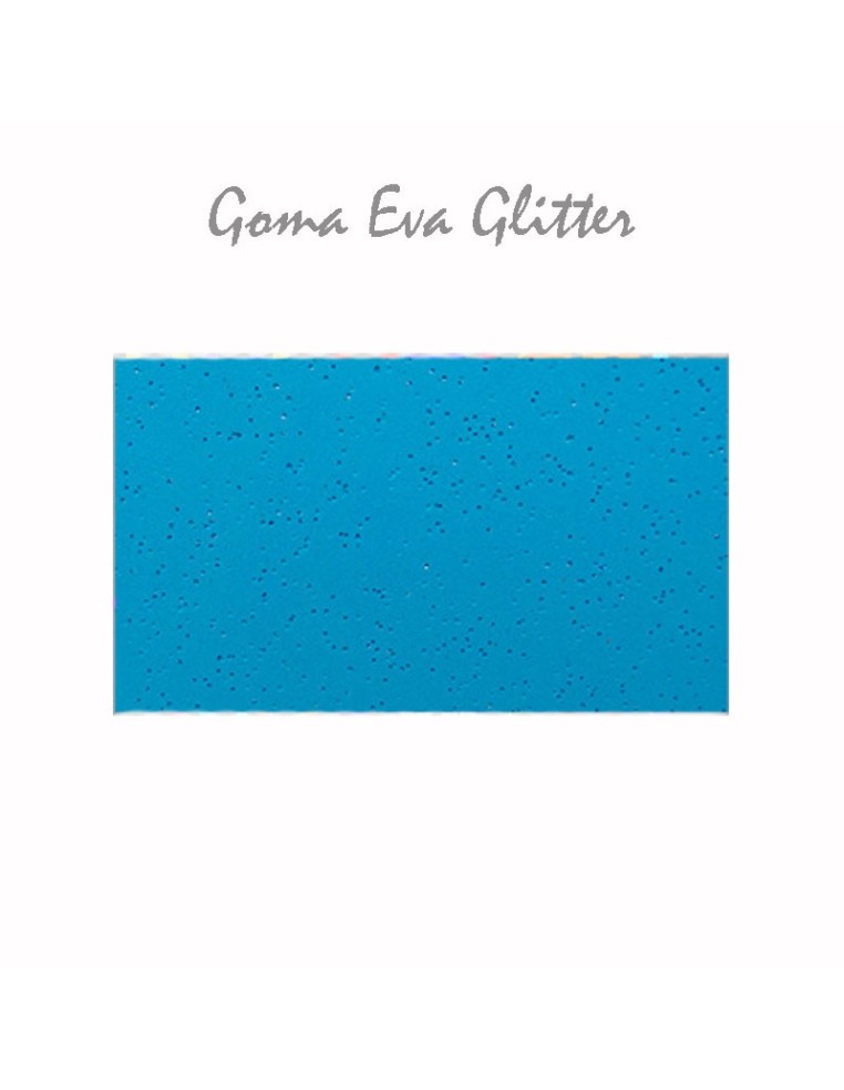 Goma EVA con acabado glitter, color azul cielo, en lámina grande de 60x40 cm.