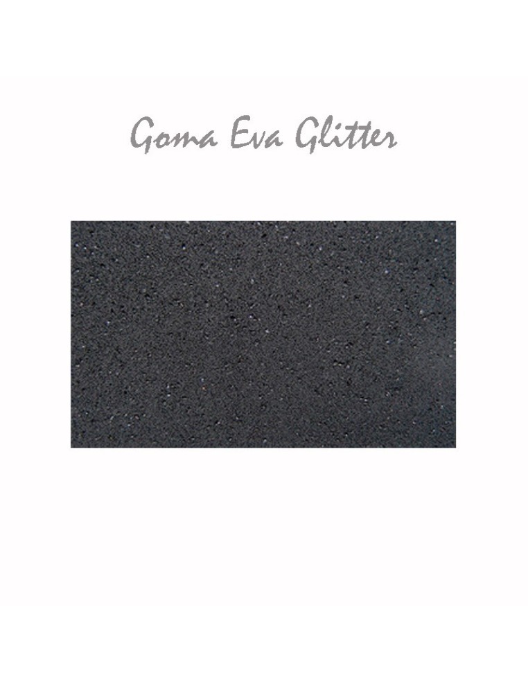Goma EVA con acabado glitter, color negra, en lámina grande de 60x40 cm.