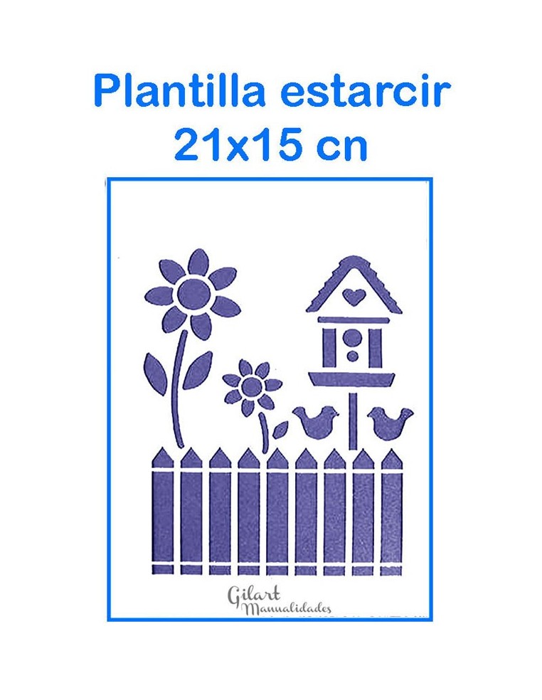 Stencil Plantilla Casita Flores con valla 21x15 cm, perfecto para decorar tus proyectos.