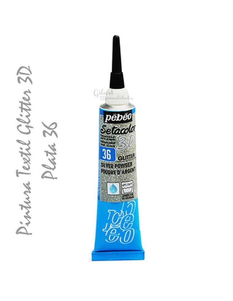 Pintura textil plata con efecto 3D y purpurina de la marca Pebeo, ideal para proyectos de manualidades y decoración de telas.