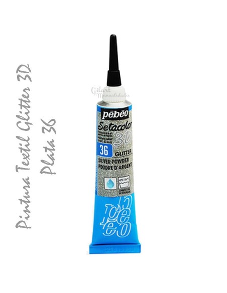 Pintura textil plata con efecto 3D y purpurina de la marca Pebeo, ideal para proyectos de manualidades y decoración de telas.
