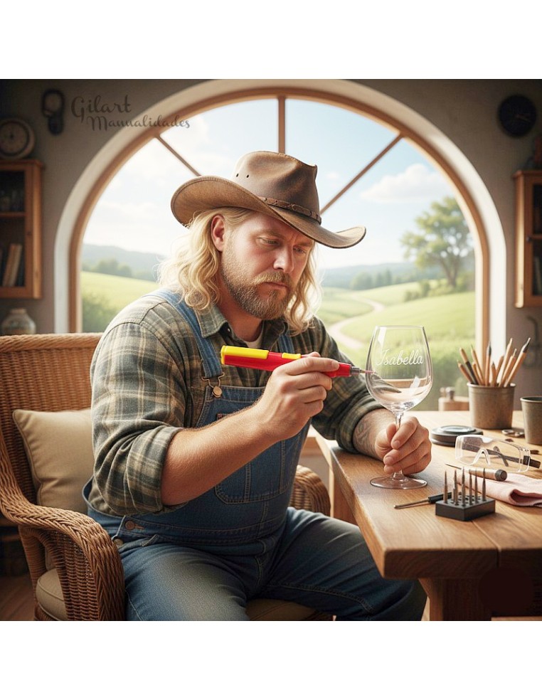 Grabador Vidrio a Pilas Pebaro en uso para grabar copas de cristal y cerámica con precisión.