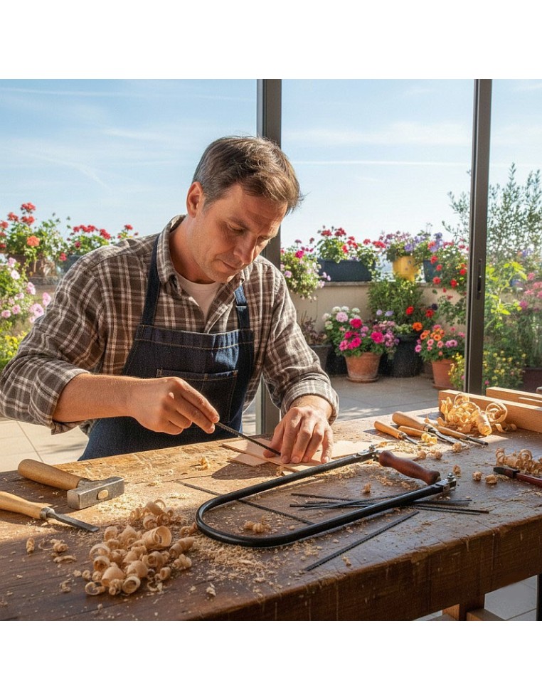Trabajo de marquetería profesional con pelos de sierra, Pebaro finos y arco de sierra.