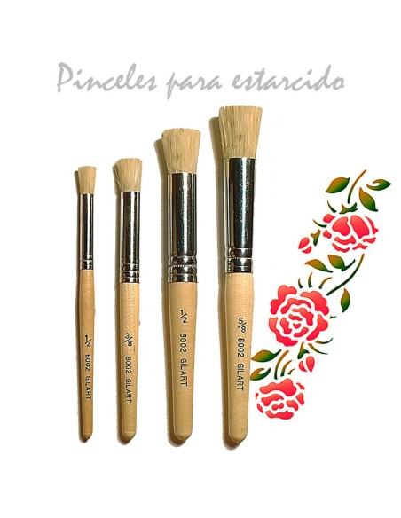 Set 4 pinceles para estarcido Gilart 8002 cerda natural mango corto con diseño floral de plantilla
