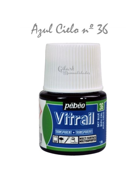 Bote de Pintura Vitrail Pébéo 45 ml azul cielo n.º 36 transparente para vidrio y cristal disponible en Manualidades Gilart