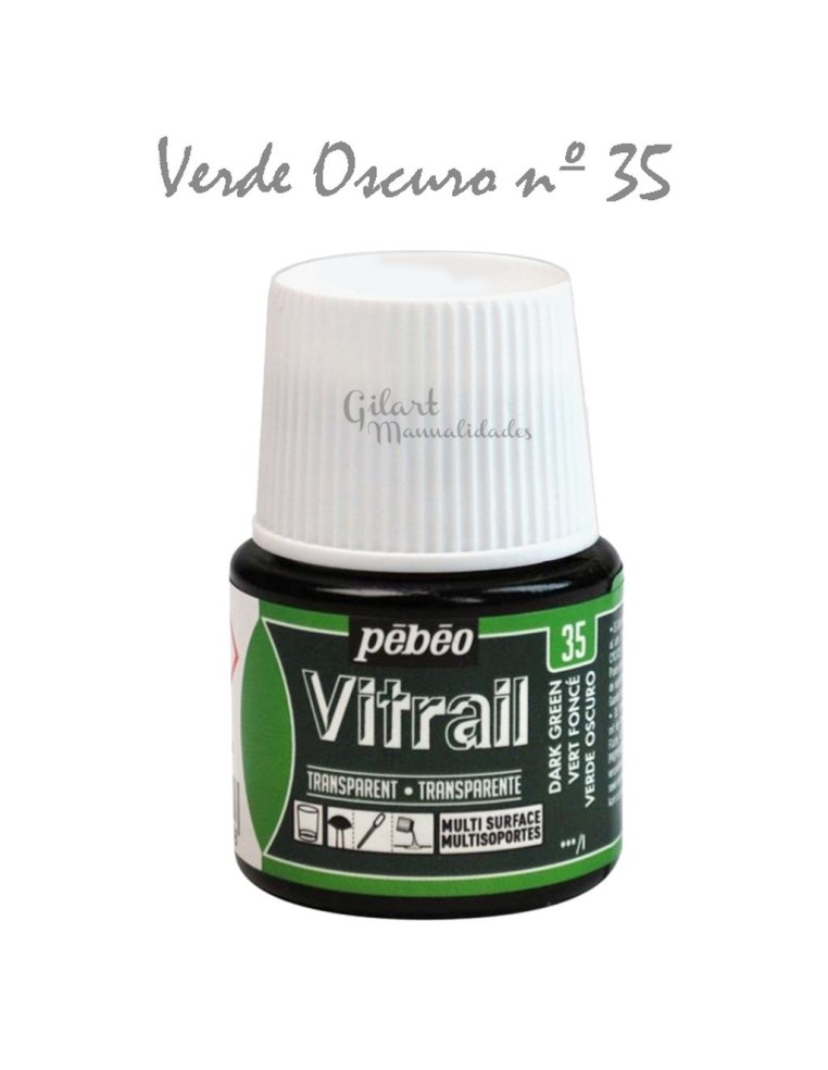 Bote de Pintura Vitrail Pébéo 45 ml verde oscuro n.º 35 transparente para vidrio y cristal disponible en Manualidades Gilart