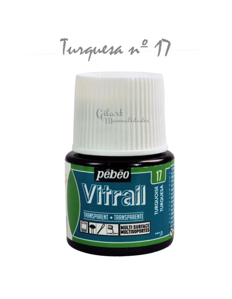 Bote de Pintura Vitrail Pébéo 45 ml turquesa n.º 17 transparente para vidrio y cristal disponible en Manualidades Gilart