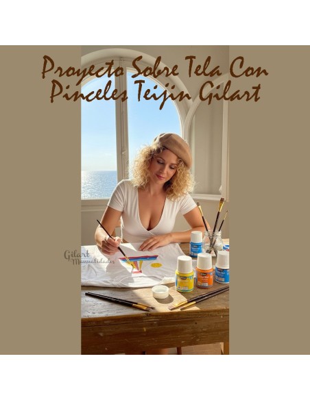 Aplicación de pintura Setacolor Opaco Amarillo limón 17 con pinceles Teijín sobre tela marca Gilart