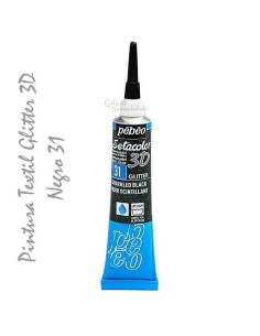 Pintura textil Pebeo Setacolor 3D Glitter color Negro 31 con purpurina intensa y efecto relieve profesional.