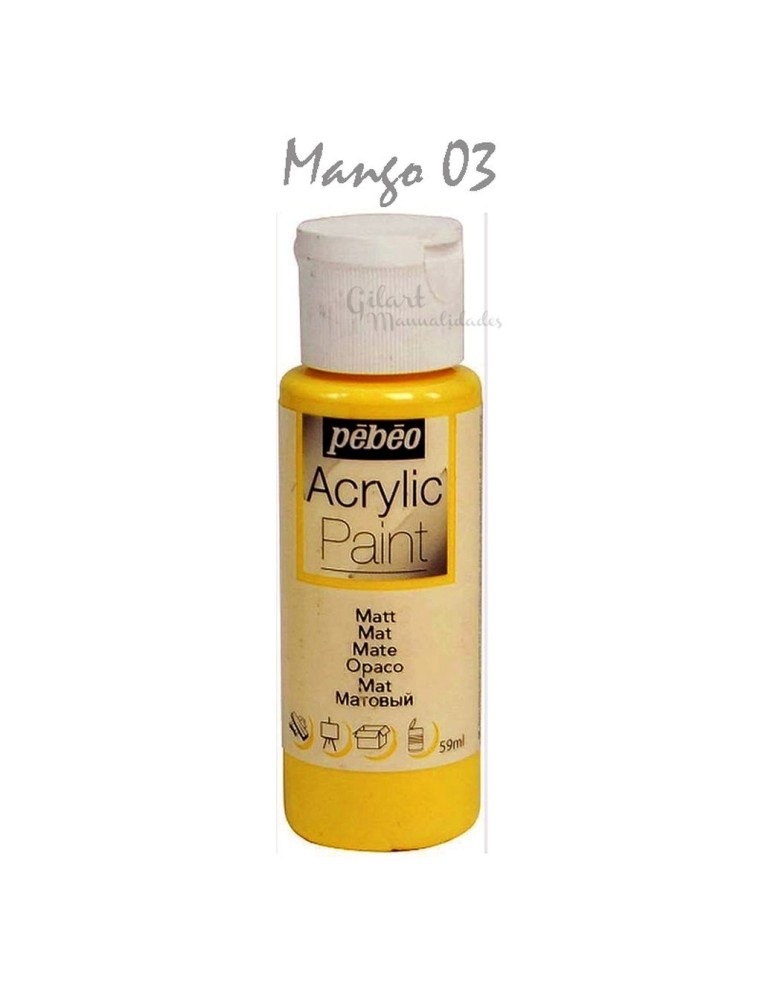 Pintura acrílica mate Pebeo 59 ml en mango amarillo 03, acabado intenso y cubriente.