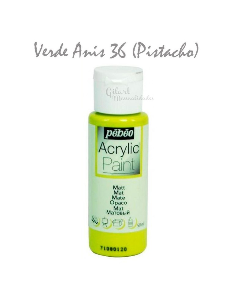 Pintura acrílica mate Pebeo 59 ml en verde anís pistacho 36, acabado intenso y cubriente.