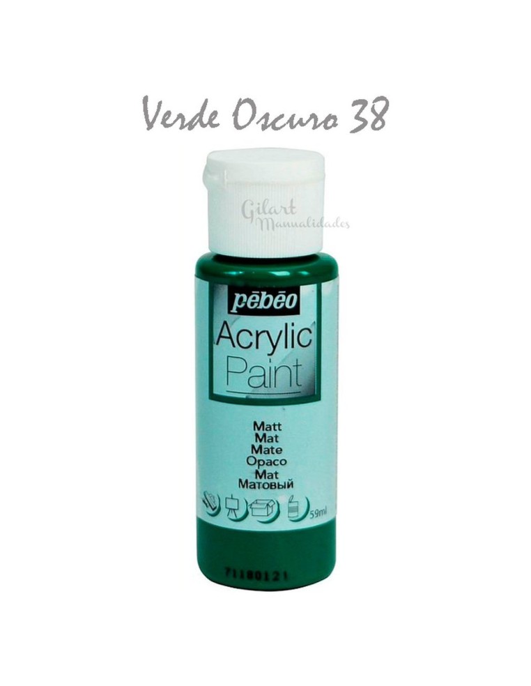 Pintura acrílica mate Pebeo 59 ml en verde oscuro 38, acabado intenso y cubriente.