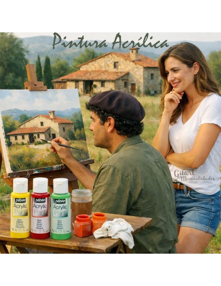 Artista pintando un cuadro sobre lienzo con pintura acrílica Pebeo Studio Mate color Azul cielo 30