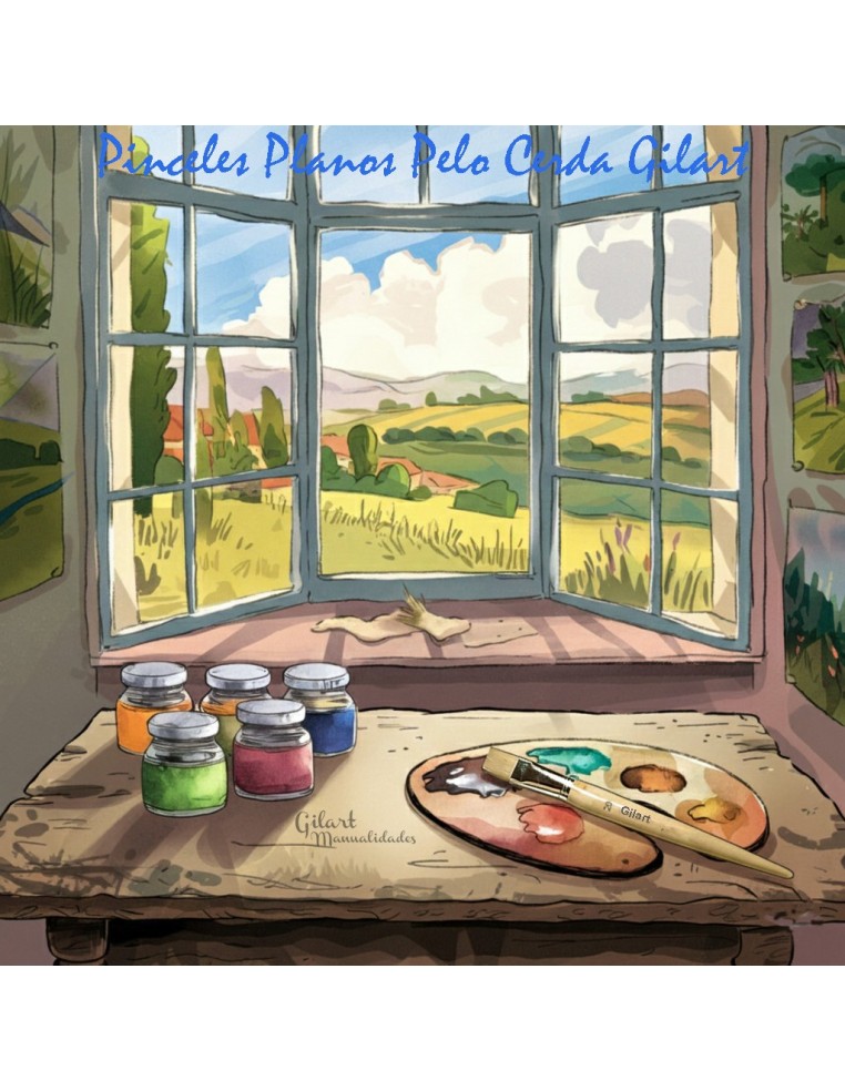 Pinceles planos de cerda natural serie 579 con mango largo en un estudio de pintura frente a un ventanal.