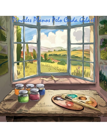 Pinceles planos de cerda natural serie 579 con mango largo en un estudio de pintura frente a un ventanal.