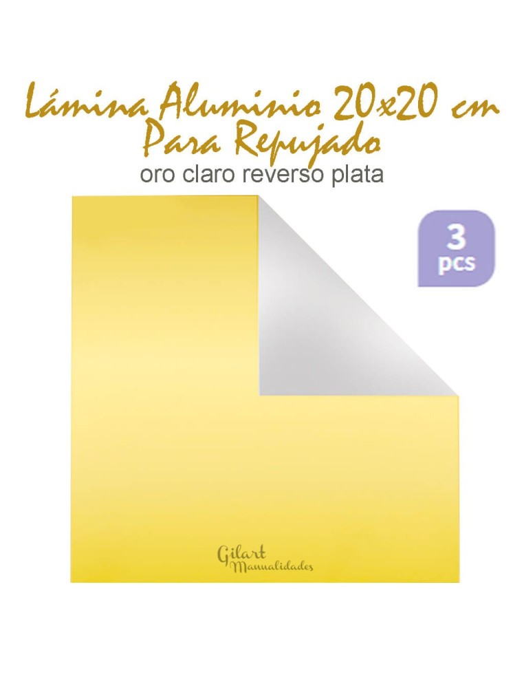 Detalles técnicos y presentación de 3 unidades de láminas de aluminio oro claro para relieve.