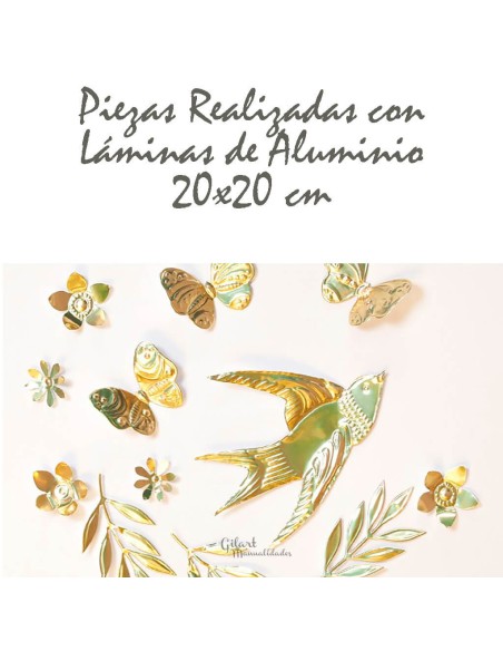 Figuras de pájaros y flores troqueladas en aluminio oro para proyectos de decoración y scrapbooking.