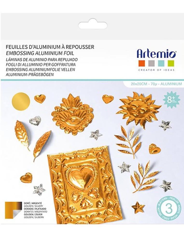 Presentación del paquete de 3 láminas de aluminio Artemio 20x20 cm en tono oro clásico.