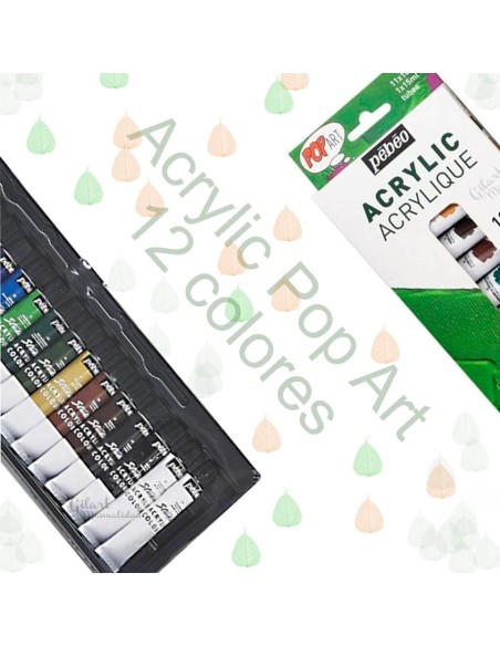 Gama de 12 tubos de pintura acrílica Pébéo con colores primarios.