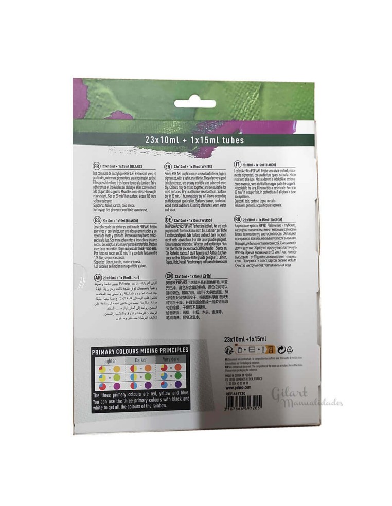 Especificaciones técnicas y tabla de mezclas de los 24 acrílicos Pébéo.