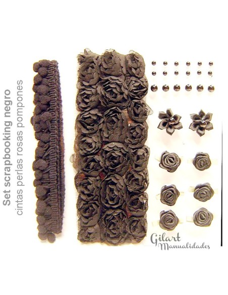 Set-scrapbooking-pompones-cintas-perlas-rosas-tonos-negros
