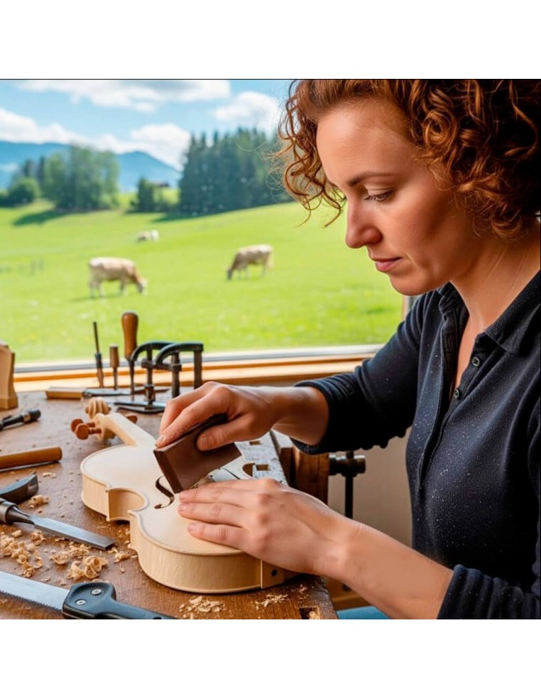 Mujer artesana utilizando taco de lija para pulir un instrumento musical de madera en su taller.
