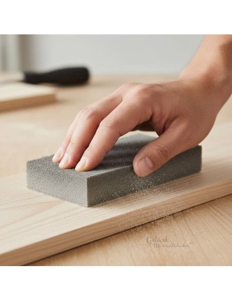 Primer plano de mano lijando una tabla de madera lisa con taco de esponja abrasiva.