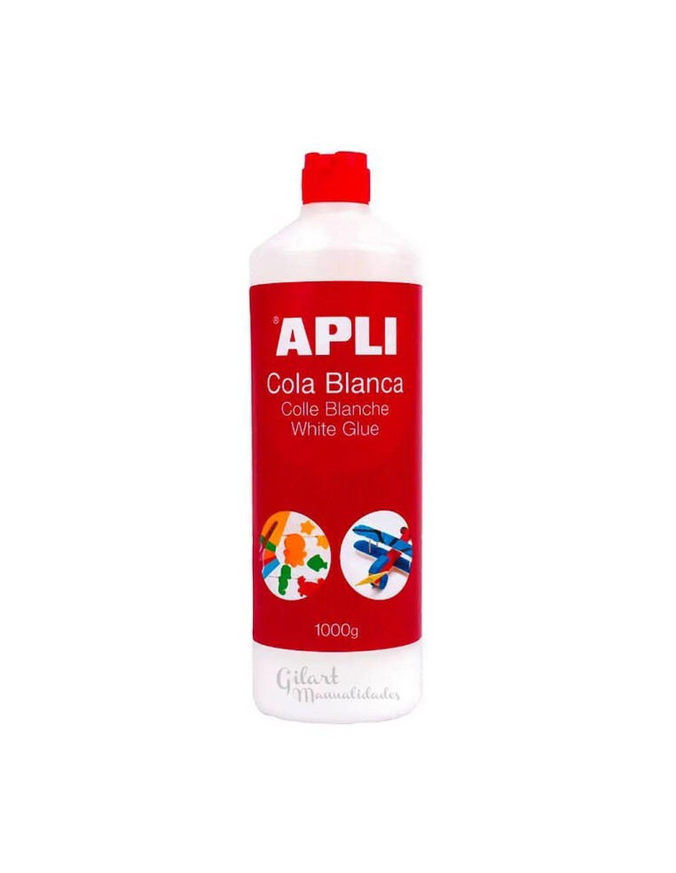 Botella de Cola Blanca Apli de 1000 g para madera, bellas artes y manualidades con aplicador de precisión.