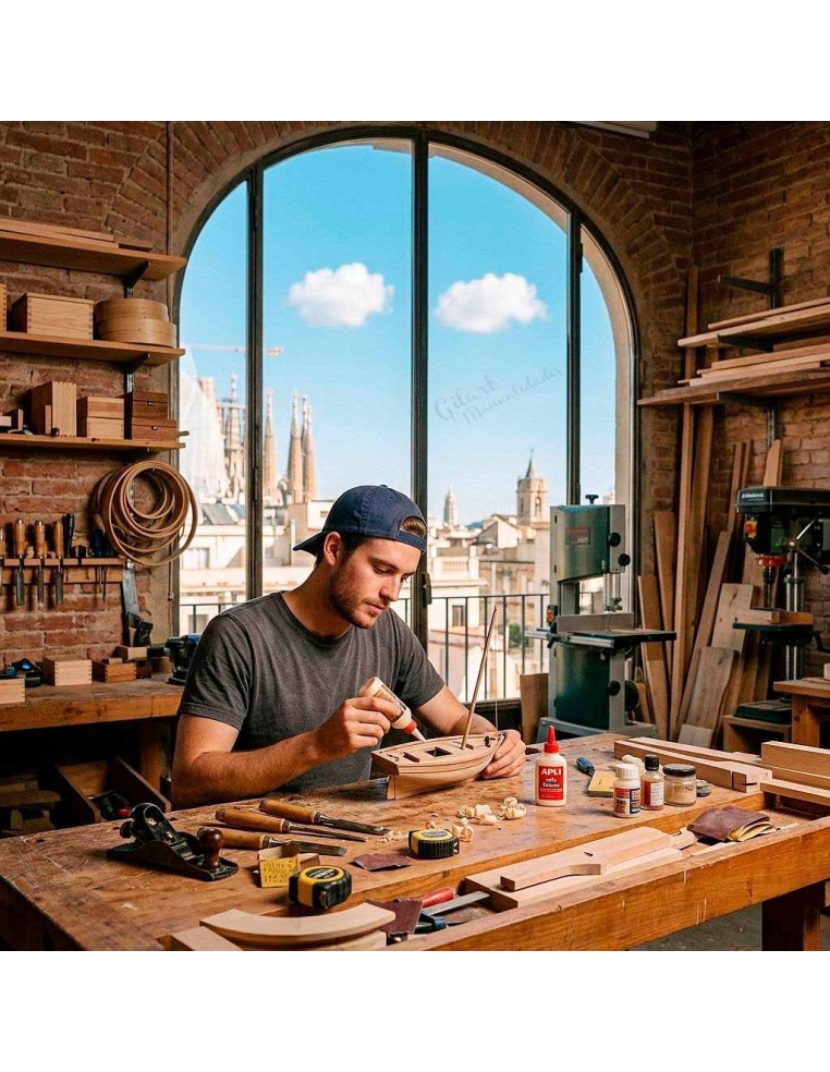 Joven carpintero aplicando Cola Blanca Apli de alta precisión para el montaje de una maqueta de barco de madera en su taller.