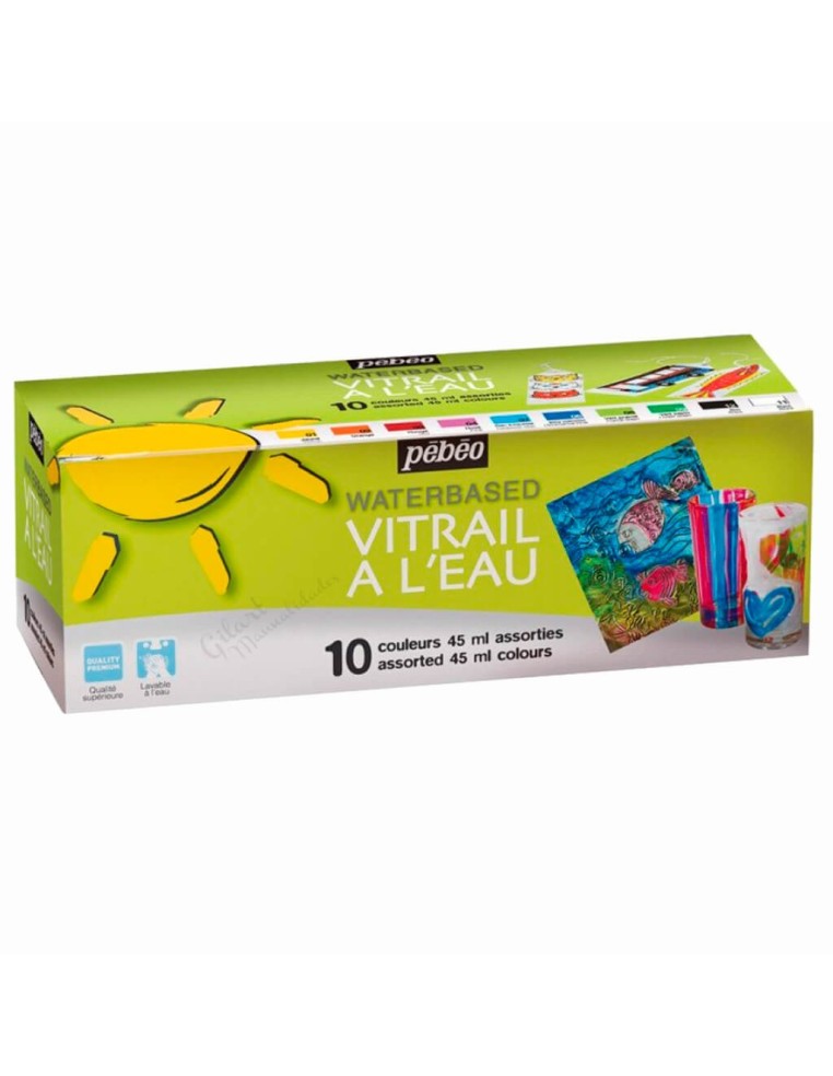 Caja del set de 10 botes de 45 ml de pintura Vitrail Pébéo al agua para cristal