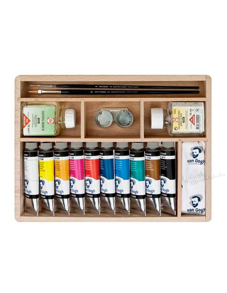 Detalle interior del maletín Van Gogh con óleos, medios y accesorios de pintura.
