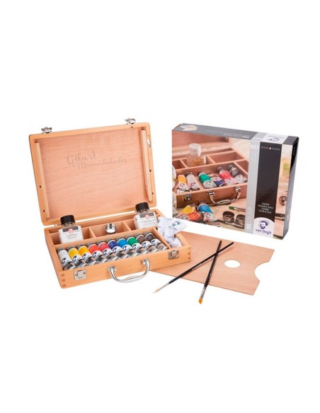 Set de óleo Van Gogh abierto con paleta, pinceles y 10 tubos de 40 ml.