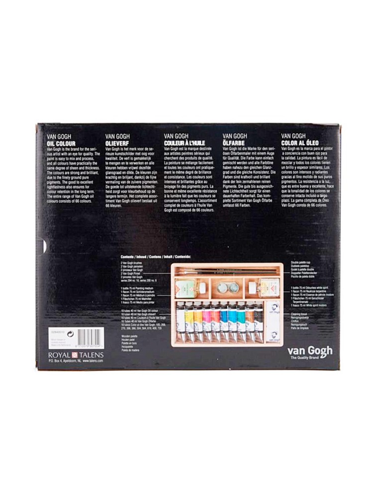 Información técnica y contenido detallado en el reverso del maletín de óleo.