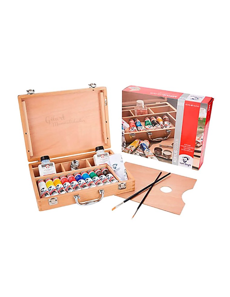 Presentación exterior del maletín de madera con pintura acrílica Van Gogh.