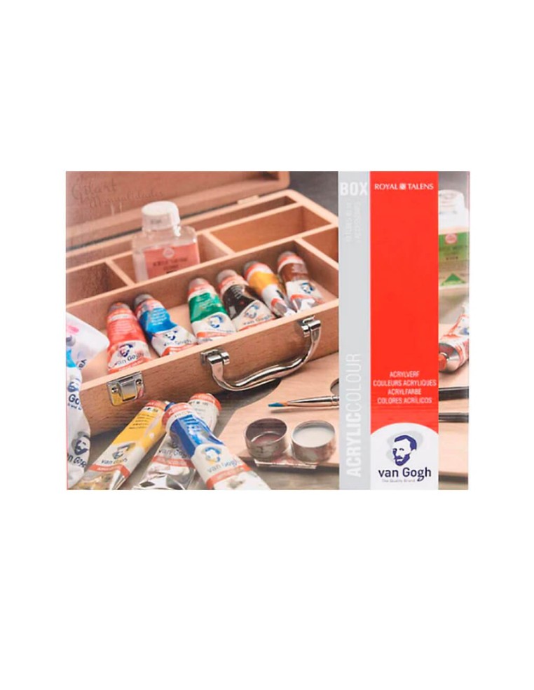 Contenido del set acrílico Van Gogh abierto con 10 tubos, pinceles y medios.