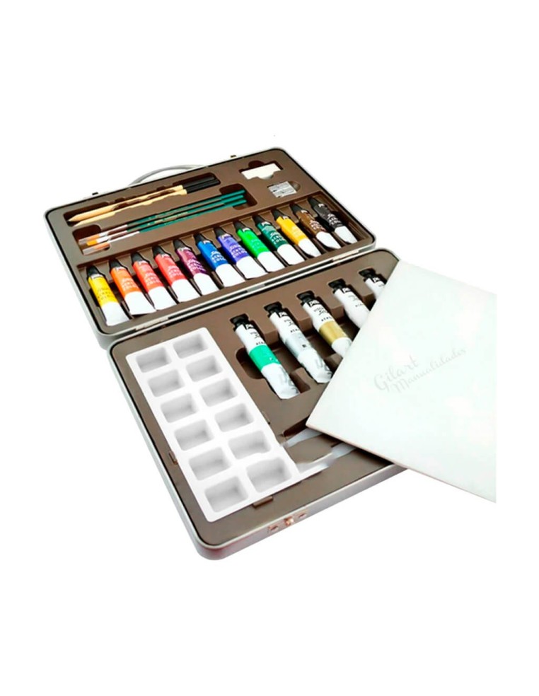 Detalle de los accesorios incluidos: paleta, lápices y cartón entelado.