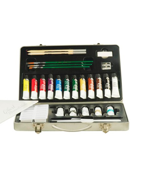 Vista interior del cofre taller Pebeo con pinceles, espátulas y materiales.