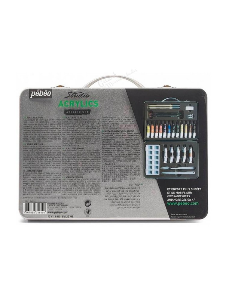 Información técnica y gama de colores del set Pebeo Studio en el reverso.