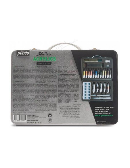 Información técnica y gama de colores del set Pebeo Studio en el reverso.