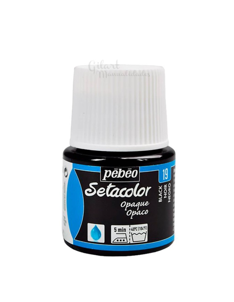 Bote de pintura Setacolor Opaco negro 19 de Pébéo para decorar todo tipo de telas oscuras o claras en Gilart.