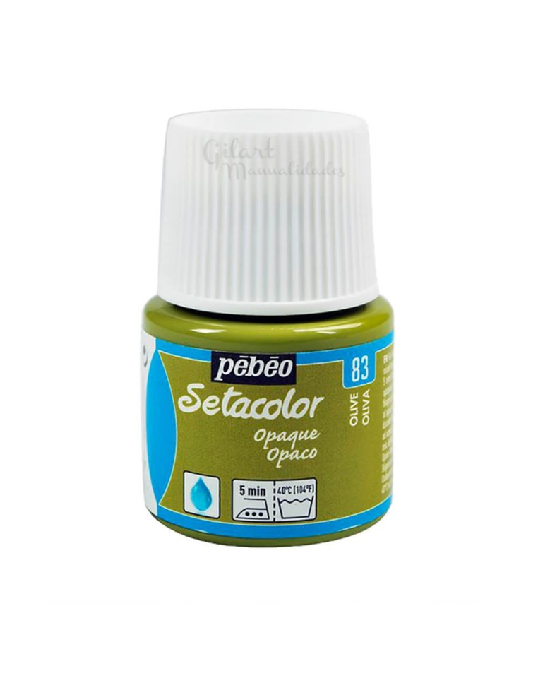 Bote de pintura Setacolor Opaco oliva 83 de Pébéo para decorar todo tipo de telas oscuras o claras en Gilart.