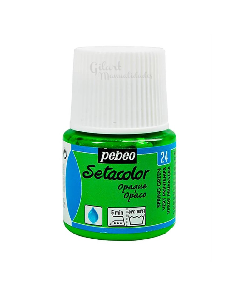 Bote de pintura Setacolor Opaco verde primavera 24 de Pébéo para decorar todo tipo de telas oscuras o claras en Gilart.