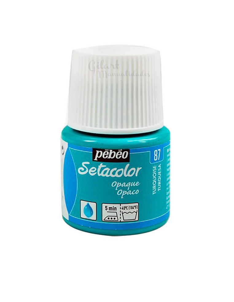 Bote de pintura Setacolor Opaco turquesa 87 de Pébéo para decorar todo tipo de telas oscuras o claras en Gilart.