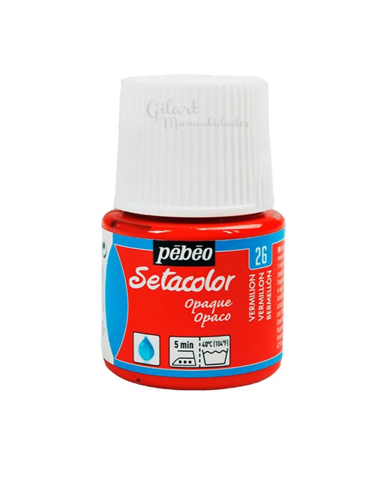 Bote de pintura Setacolor Opaco bermellón 26 de Pébéo para decorar todo tipo de telas oscuras o claras en Gilart.