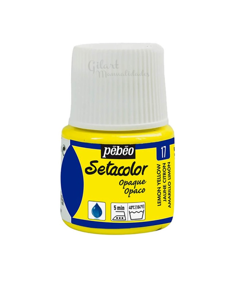 Bote de pintura Setacolor Opaco amarillo limón 17 de Pébéo para decorar todo tipo de telas oscuras o claras en Gilart.