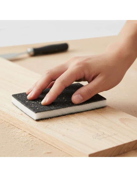 Detalle de lijado manual sobre madera utilizando la esponja de lija fina para lograr una superficie lisa.