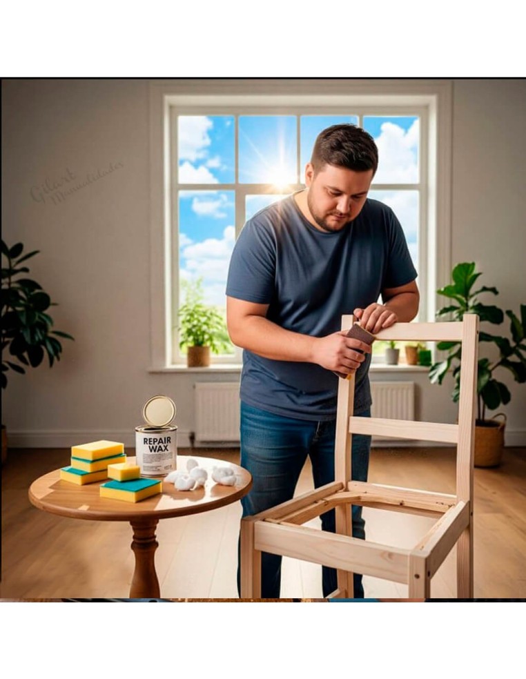 Proceso de restauración de una silla de madera empleando la esponja de lija fina para un acabado profesional.